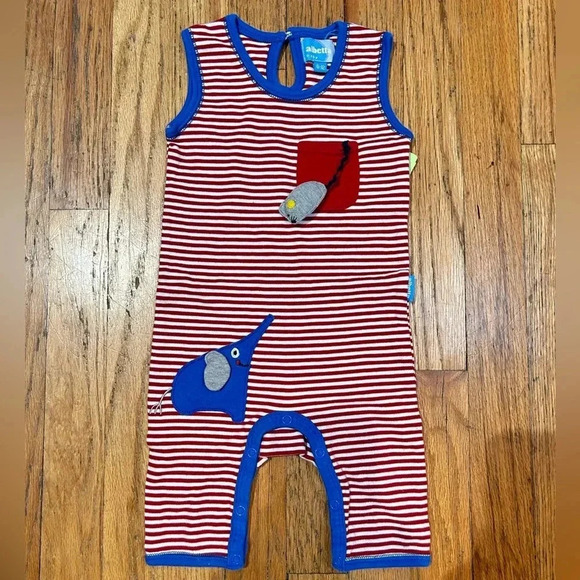 Albetta Vintage Elephant and Mouse Striped Romper 6-12 months - Picture 1 of 8